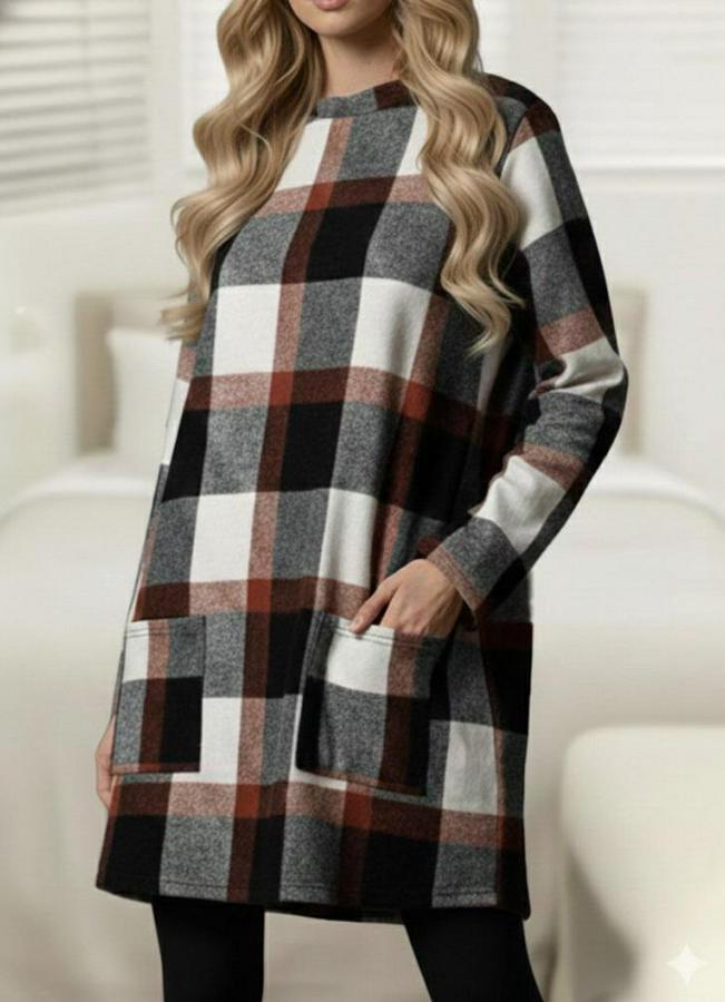 Uzun Kollu Yarı Balıkçı Yakalı Cep Detaylı Ekoseli Dokuma Tunik