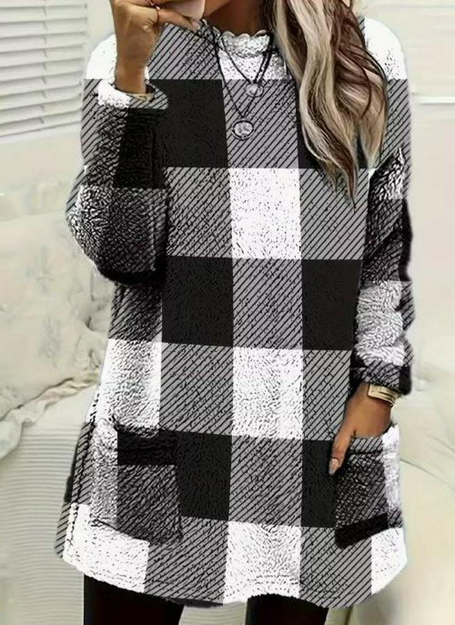 Uzun Kollu Yarı Balıkçı Yakalı Cep Detaylı Ekoseli Dokuma Tunik