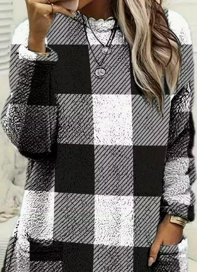 Uzun Kollu Yarı Balıkçı Yakalı Cep Detaylı Ekoseli Dokuma Tunik