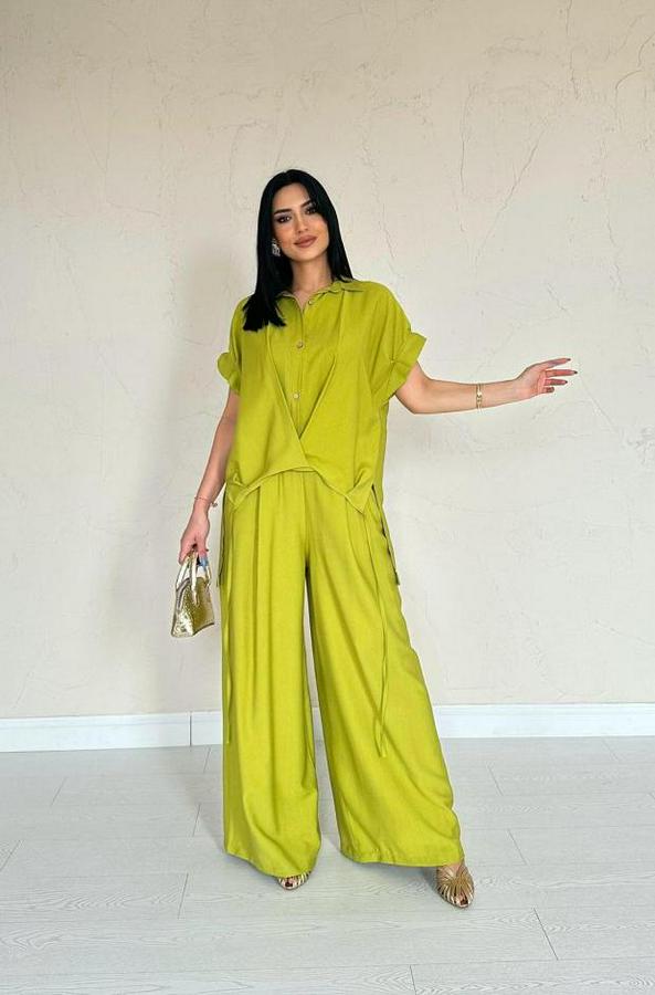 Yağ Yeşili Önü Pileli Ikili Keten Takım