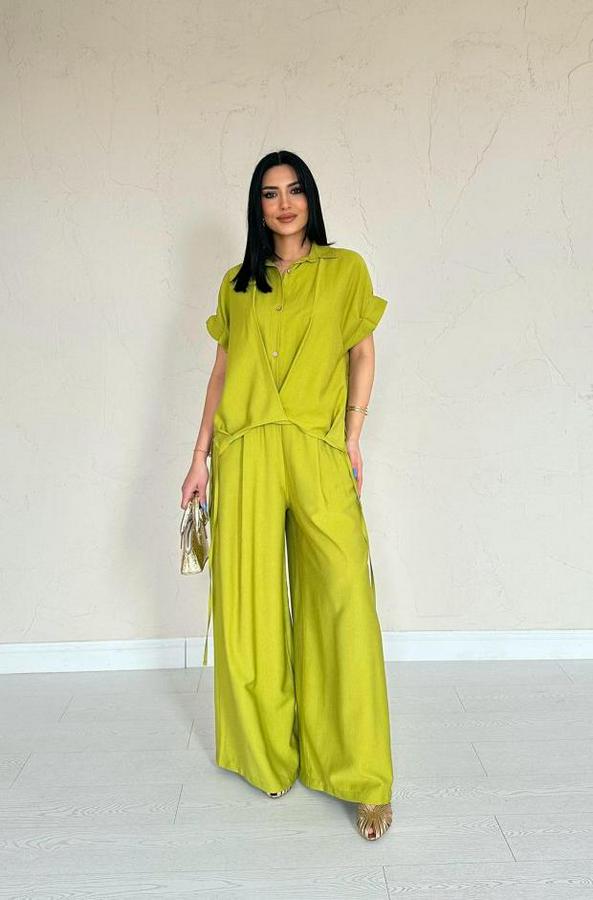 Yağ Yeşili Önü Pileli Ikili Keten Takım