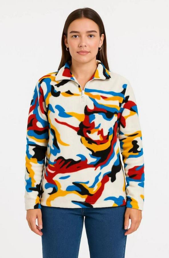 Yarım Fermuarlı Desenli Polar Sweat – Renkli Abstract Desen Yakalı, Uzun Kollu, Oversize Rahat Kalıp