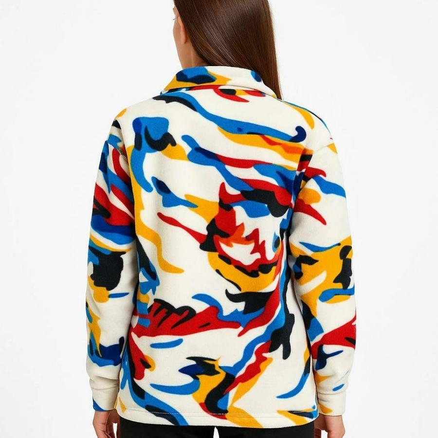 Yarım Fermuarlı Desenli Polar Sweat – Renkli Abstract Desen Yakalı, Uzun Kollu, Oversize Rahat Kalıp