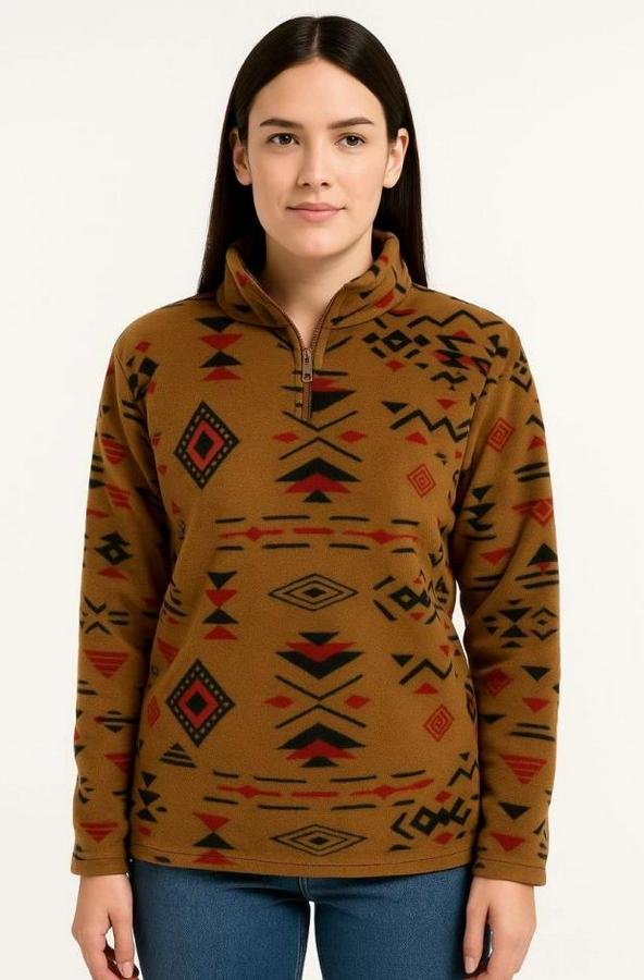 Yarım Fermuarlı Desenli Polar Sweat Tribal Etnik Desen Yakalı, Uzun Kollu, Oversize Rahat Kalıp