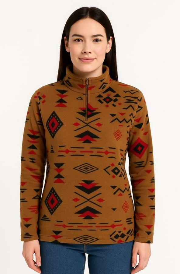 Yarım Fermuarlı Desenli Polar Sweat Tribal Etnik Desen Yakalı, Uzun Kollu, Oversize Rahat Kalıp
