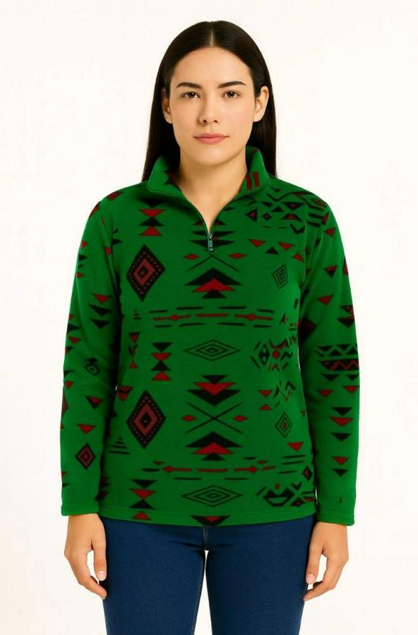 Yarım Fermuarlı Desenli Polar Sweat Tribal Etnik Desen Yakalı, Uzun Kollu, Oversize Rahat Kalıp