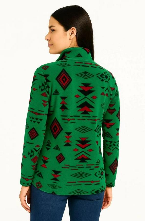 Yarım Fermuarlı Desenli Polar Sweat Tribal Etnik Desen Yakalı, Uzun Kollu, Oversize Rahat Kalıp