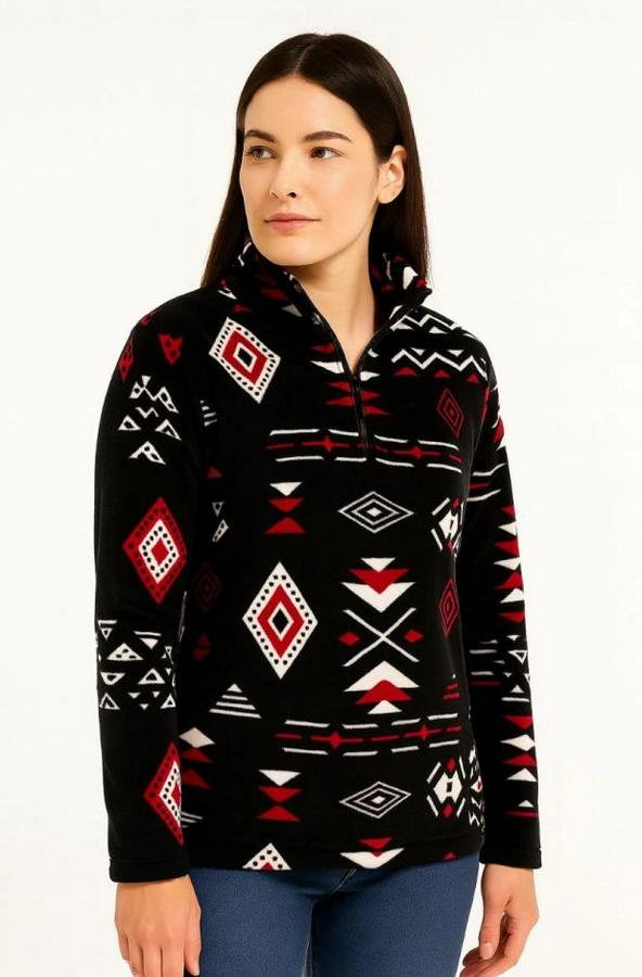 Yarım Fermuarlı Desenli Polar Sweat Tribal Etnik Desen Yakalı, Uzun Kollu, Oversize Rahat Kalıp
