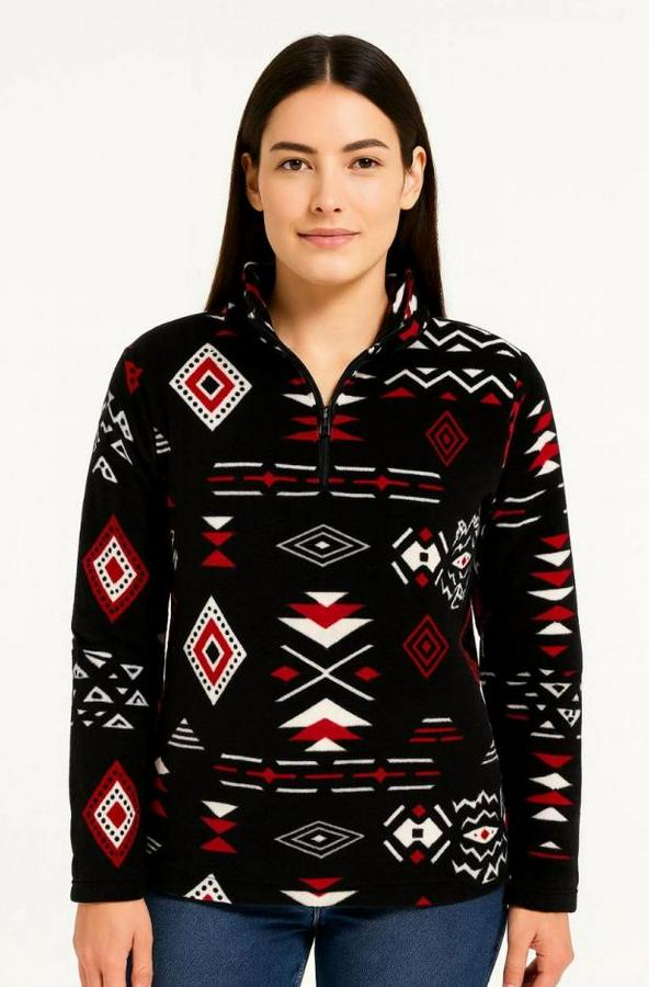 Yarım Fermuarlı Desenli Polar Sweat Tribal Etnik Desen Yakalı, Uzun Kollu, Oversize Rahat Kalıp