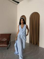 Çizgili Keten Yelek-Pantolon Takim