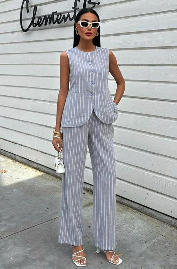 Çizgili Viscon Keten Yelekli Rahat Takım 10121