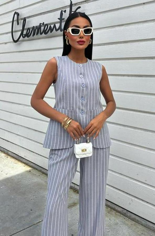 Çizgili Viscon Keten Yelekli Rahat Takım 10121