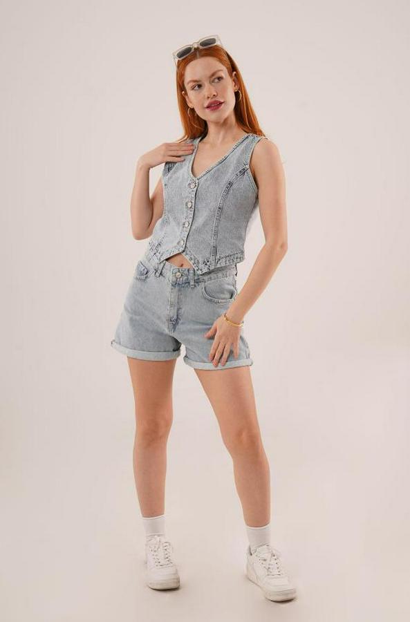 Düğme Ve Ön Dikiş Detaylı Mavi Jean Yelek