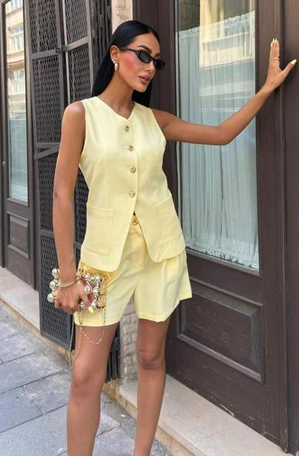 Gold Düğme Detaylı Yelek Şort Cotton Takım 10208