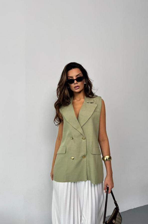 Gold Düğmeli Keten Yelek