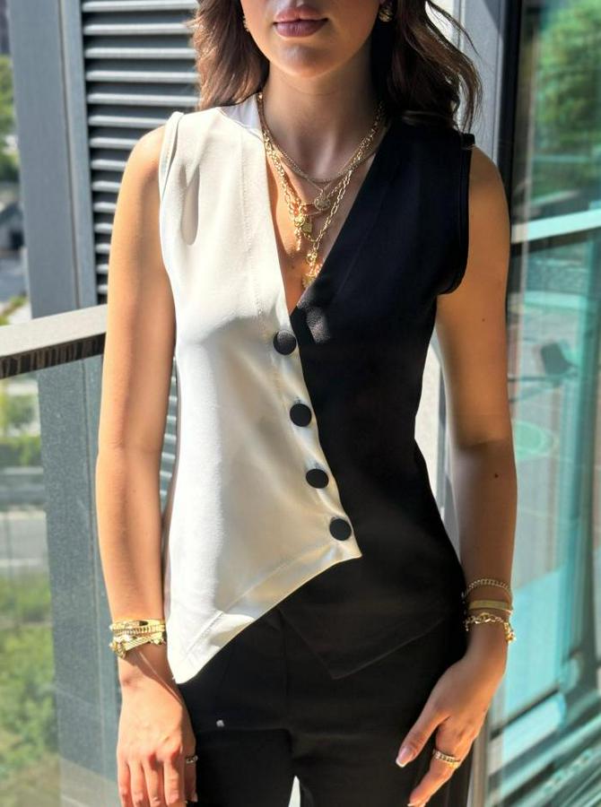 Sıfır Kol V Yakalı Düğmeli Blok Renkli Atlas Yelek