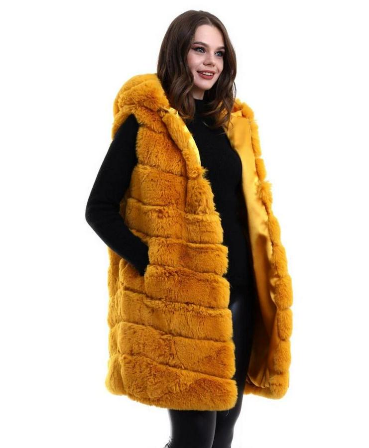 Kapşonlu Peluş Kürk Yelek Premium Kalite, Tam Astarlı, Uzun Model