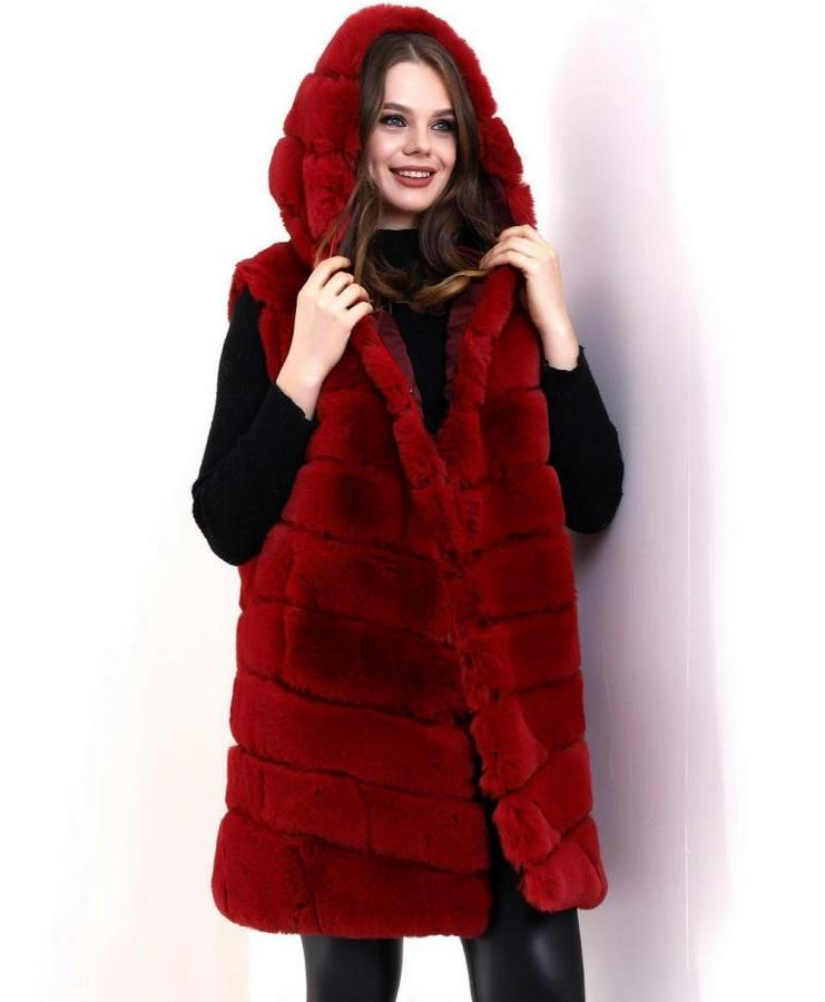 Kapşonlu Peluş Kürk Yelek Premium Kalite, Tam Astarlı, Uzun Model