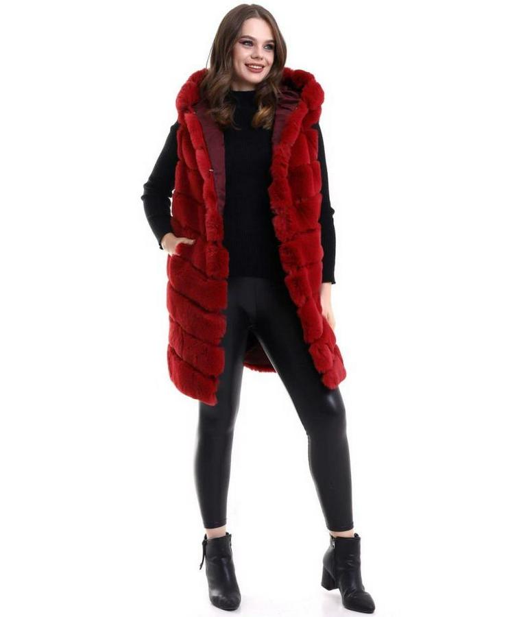 Kapşonlu Peluş Kürk Yelek Premium Kalite, Tam Astarlı, Uzun Model