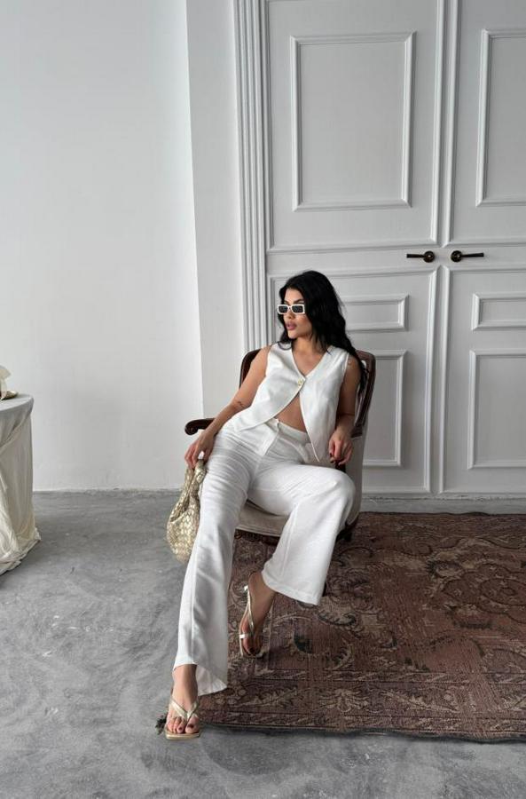 Keten Tek Düğme Yelek-Pantolon Takim