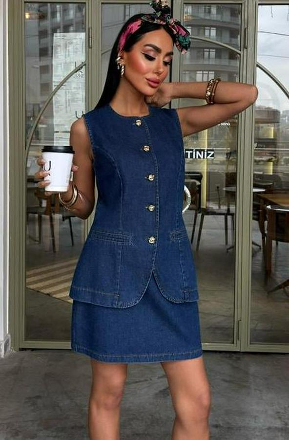Kolsuz Yelekli Mini Etekli Denim Takım 10164