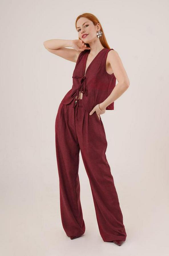 Ön Bağlama Detaylı Yelek Ve Pantolon Bordo Ikili Takım