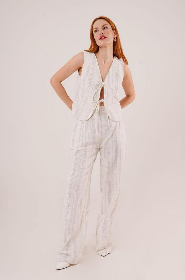 Ön Bağlama Detaylı Yelek Ve Pantolon Ekru Çizgili Ikili Takım