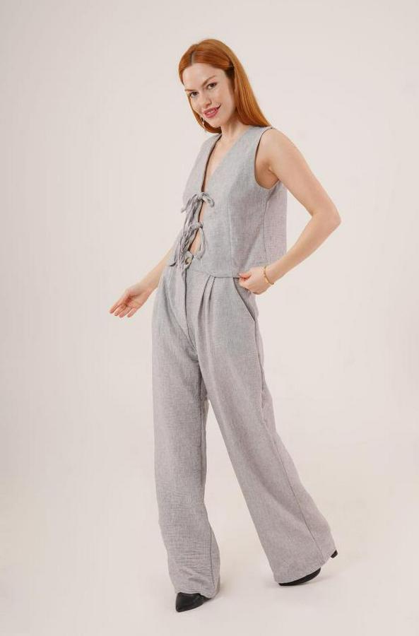 Ön Bağlama Detaylı Yelek Ve Pantolon Gri Ikili Takım