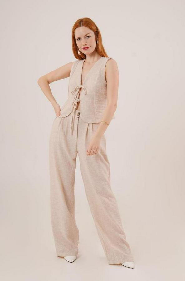 Ön Bağlama Detaylı Yelek Ve Pantolon Taş Ikili Takım