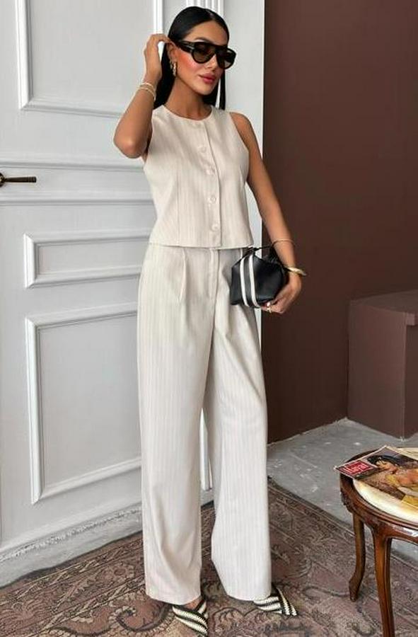 Yelek Plazzo Pantolon Çizgili Flamlı Poliviscon Takım 10178