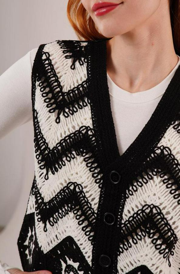 Zikzak Geçişli Triko Örme Siyah Yelek